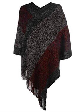 Womens Knit Poncho Shawl V Neck Fringe Sweater Cape Oversized Warm Elegant